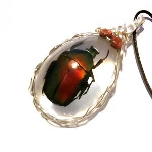 Red Flower Beetle Pendant Necklace